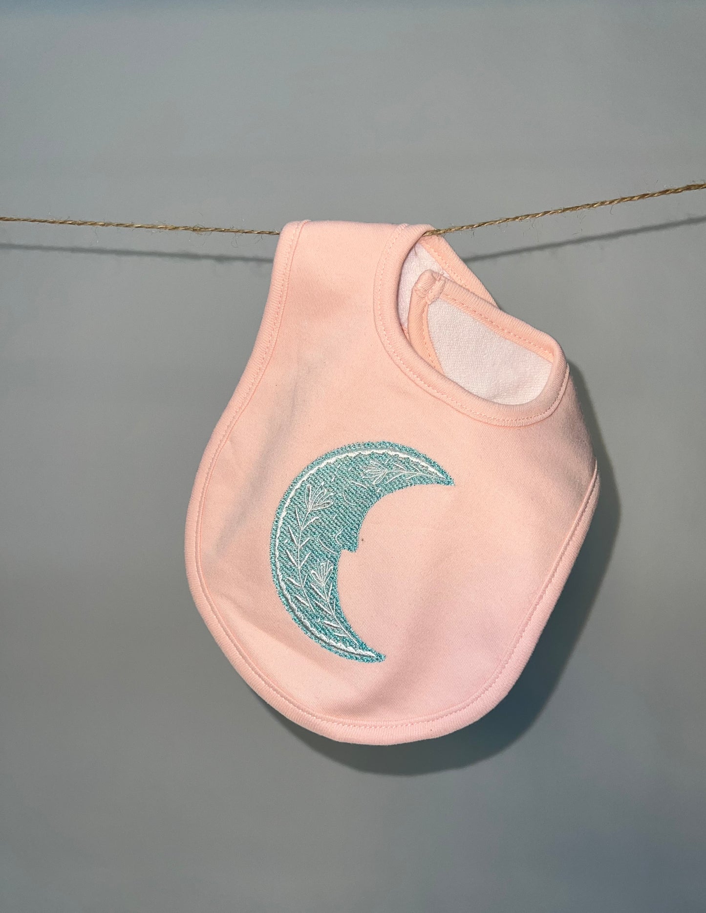 Peach Embroidered Moon Baby Bib