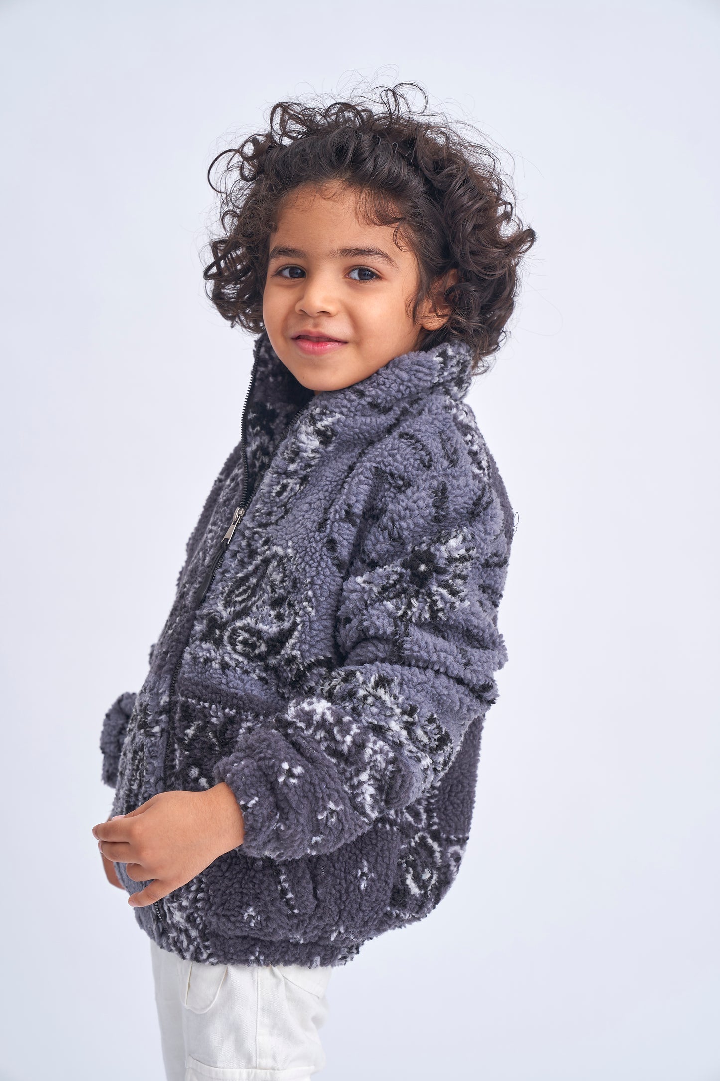 Boys Hooded Quilted Fur Jacket-Grey