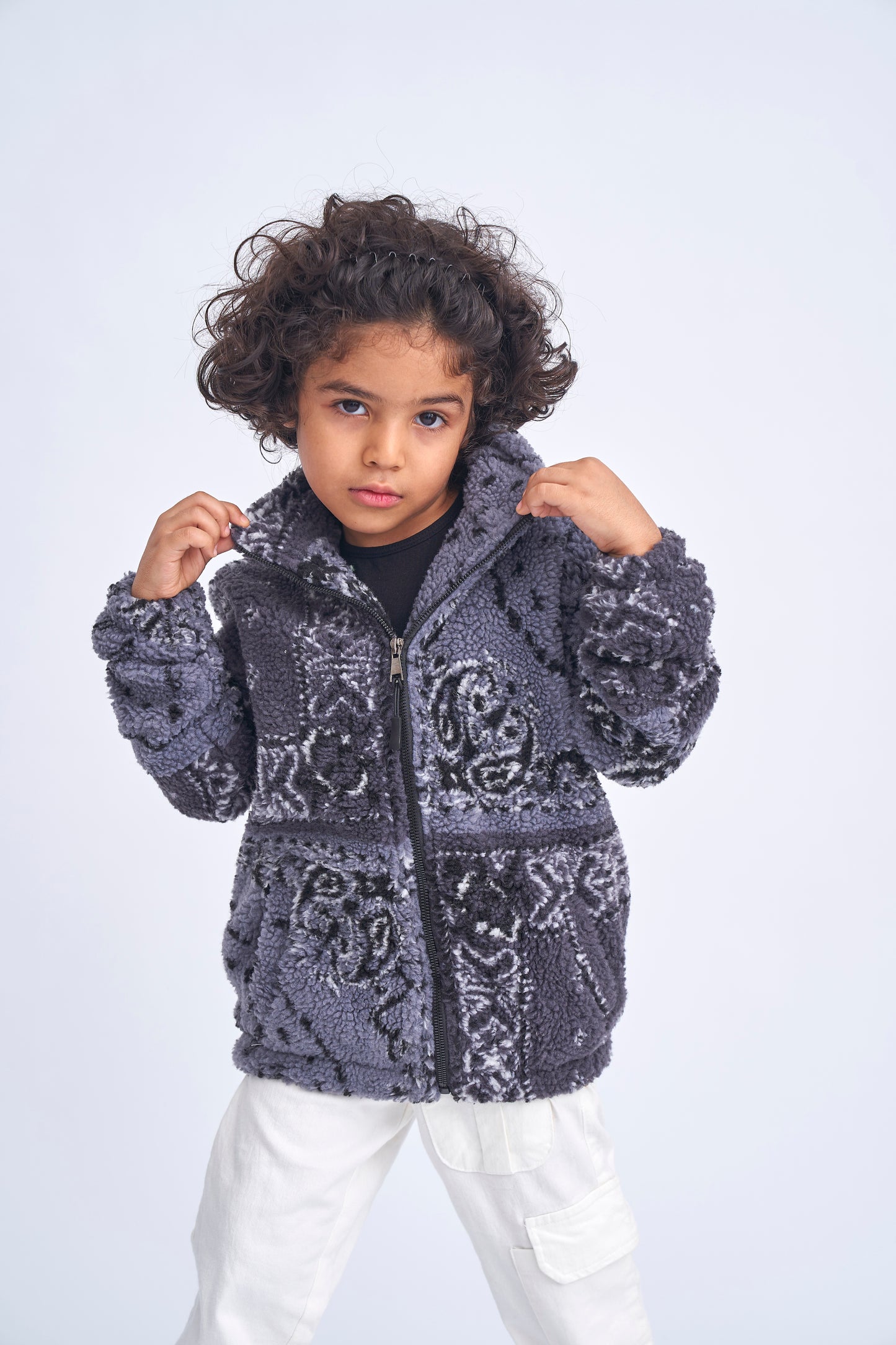 Boys Hooded Quilted Fur Jacket-Grey