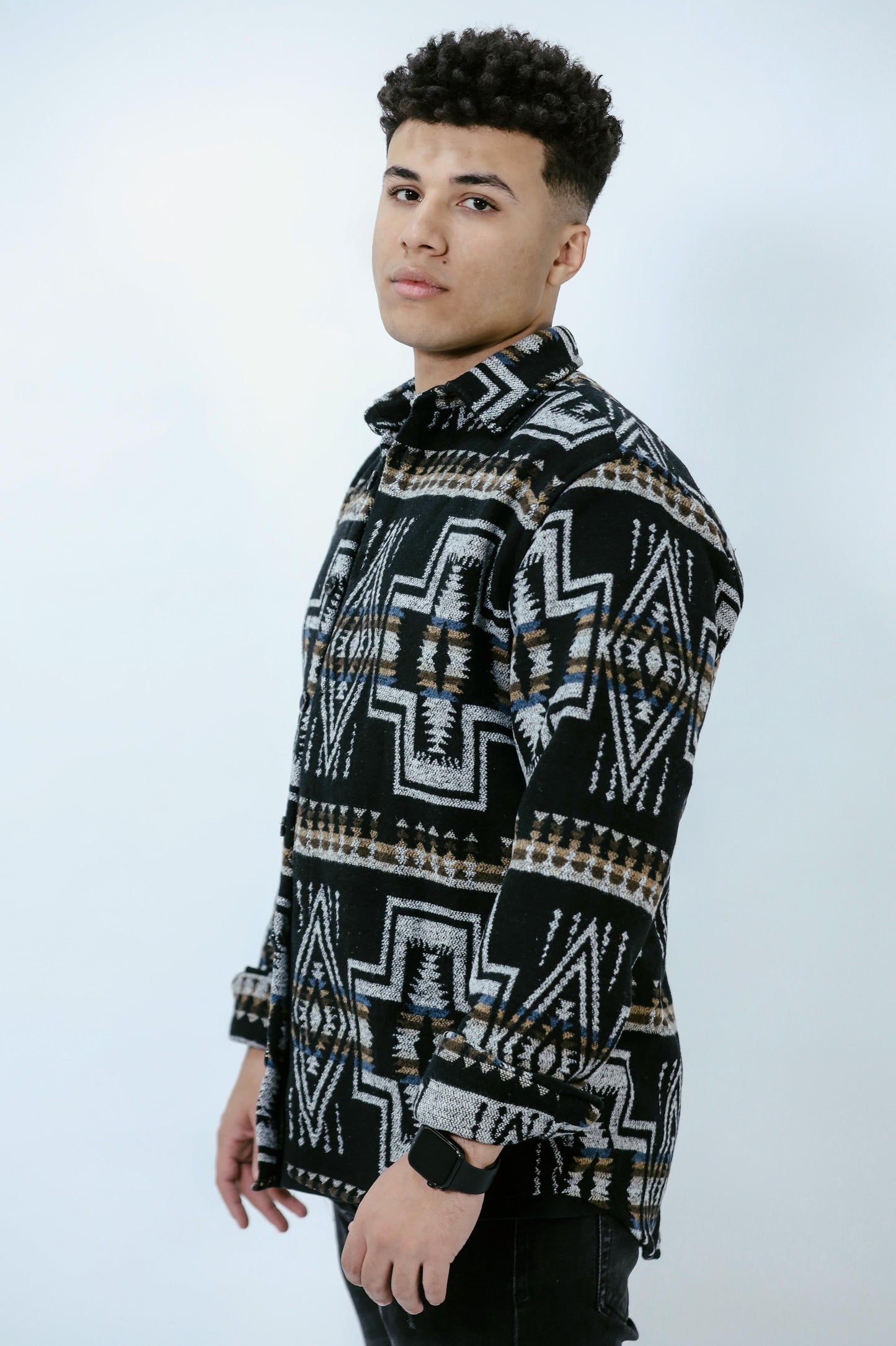 Black Geometric jacquard Men Wool Shirt