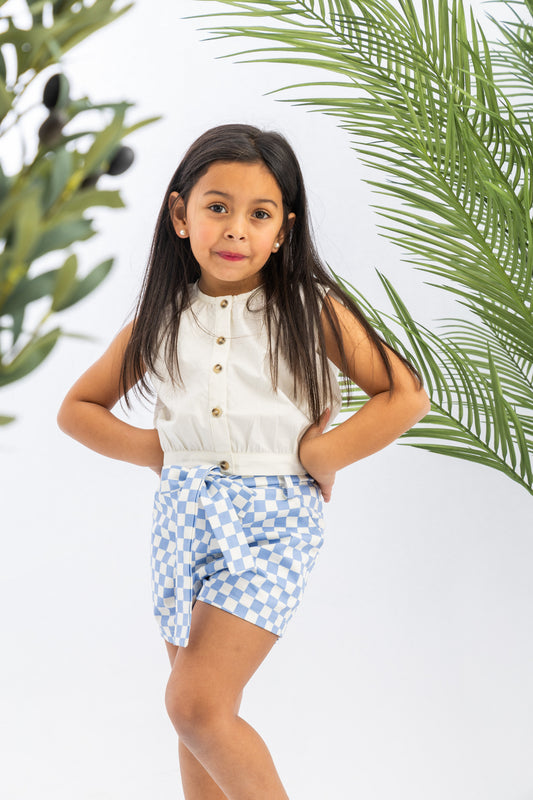 Blue Checkers Girls Shorts With Belt