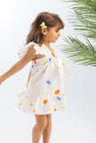 Floral Ruffled Sleeve Girls Dress With Bow-White