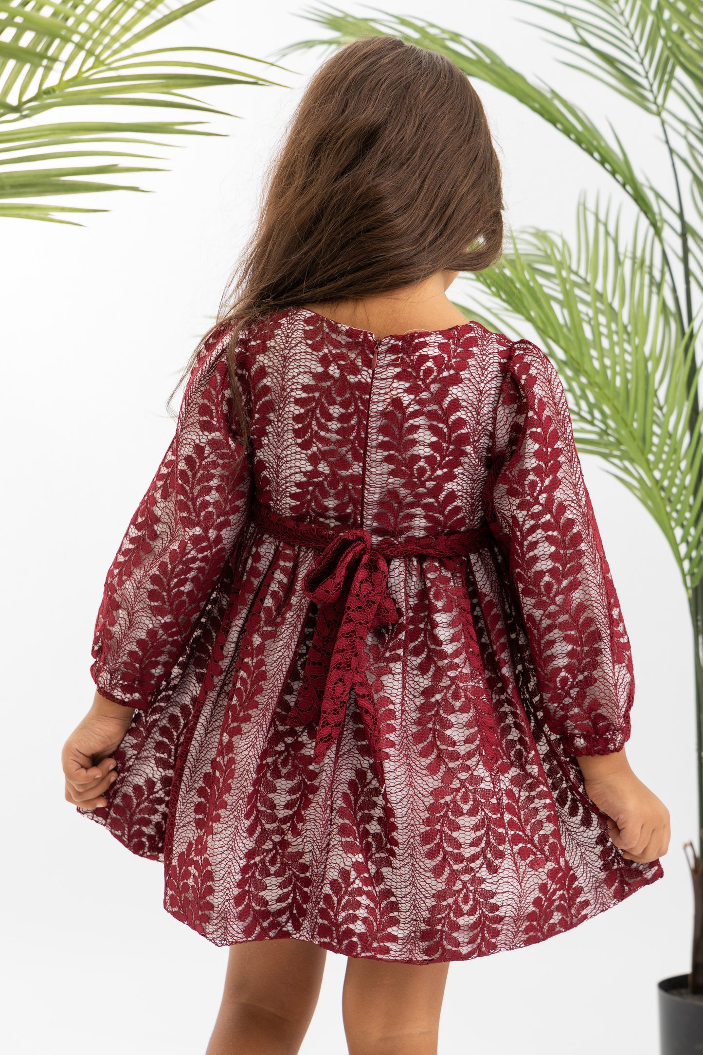 Lace Longsleeve Girls Dress-Maroon