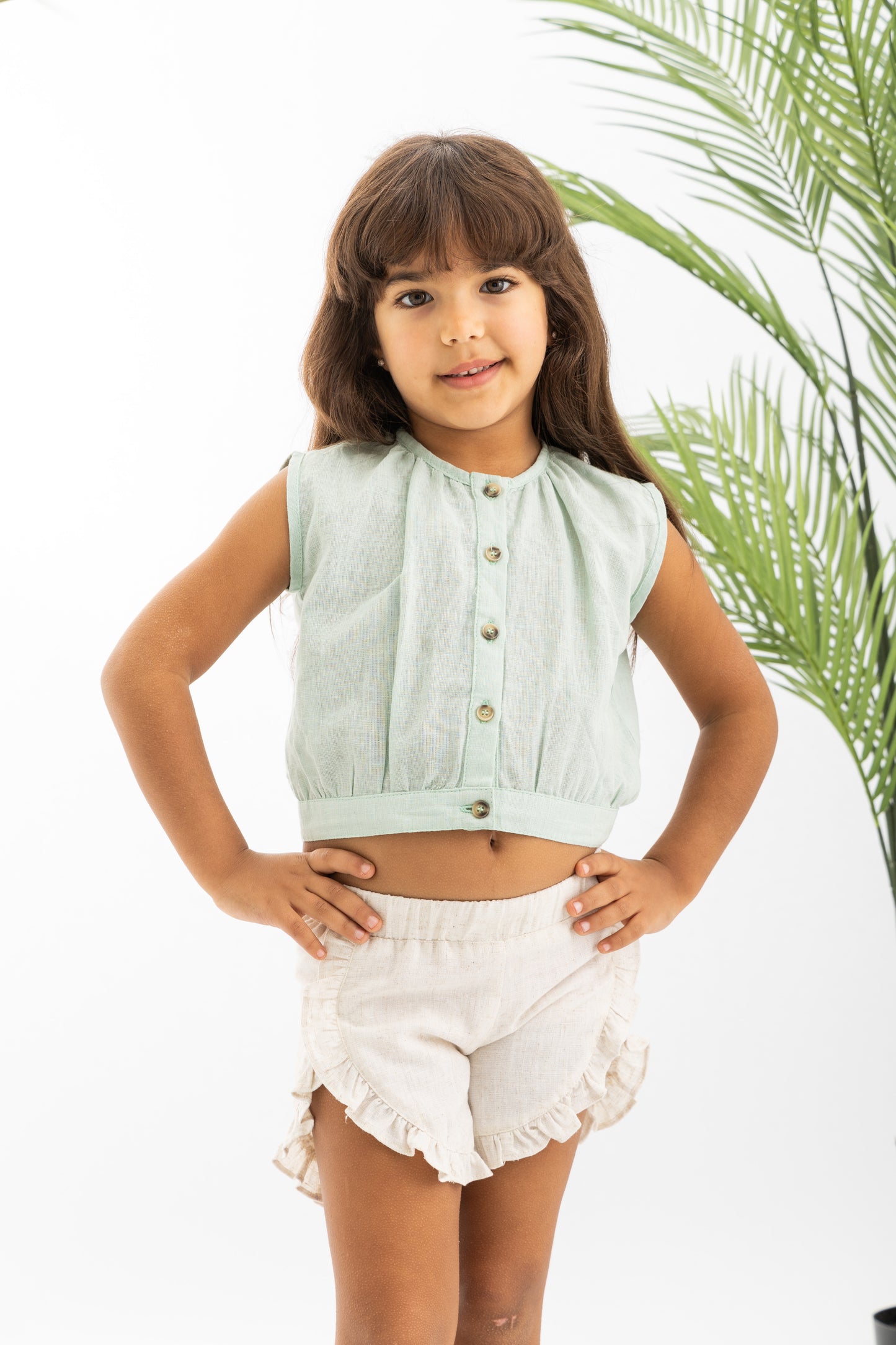 Girls Linen Set With Ruffled Shorts