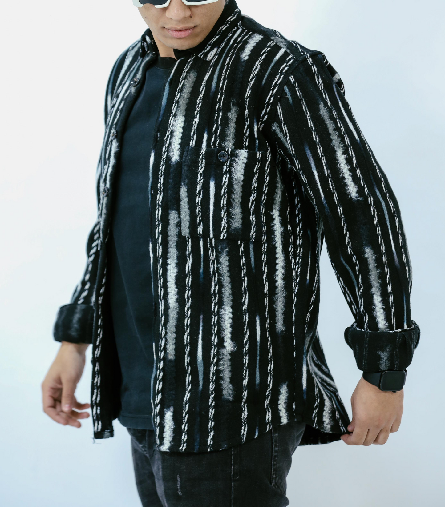 Striped Black Men Wool Shirt