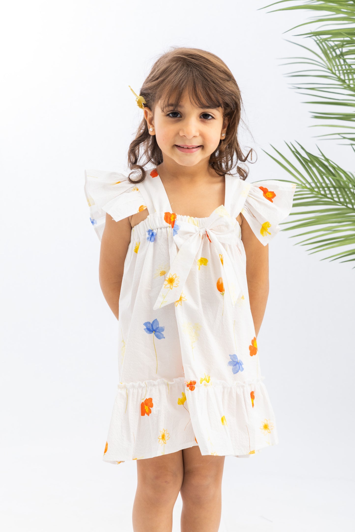 Floral Ruffled Sleeve Girls Dress With Bow-White