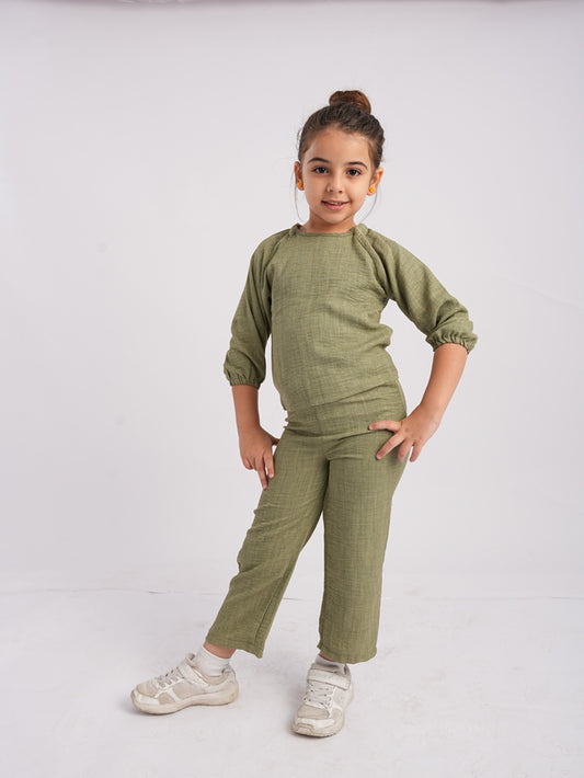 Olive Linen Top and Wide leg Pants Girls Set