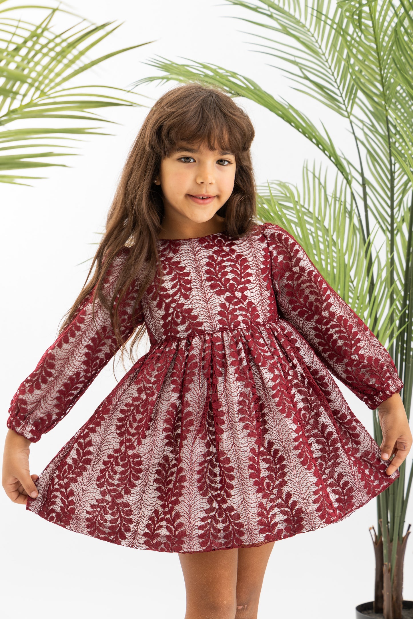 Lace Longsleeve Girls Dress-Maroon