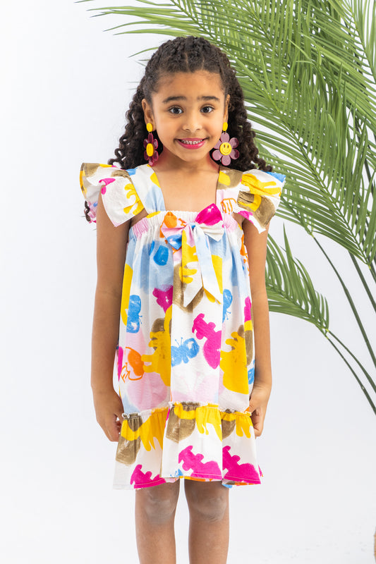 Colorful Ruffled Sleeve Girls Dress With Bow-White