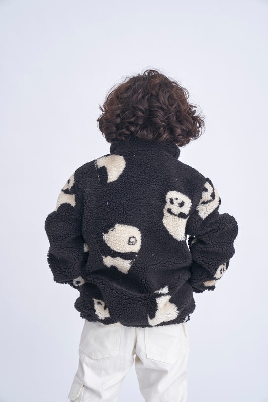 Panda Boys Hooded Quilted Fur Jacket-Black