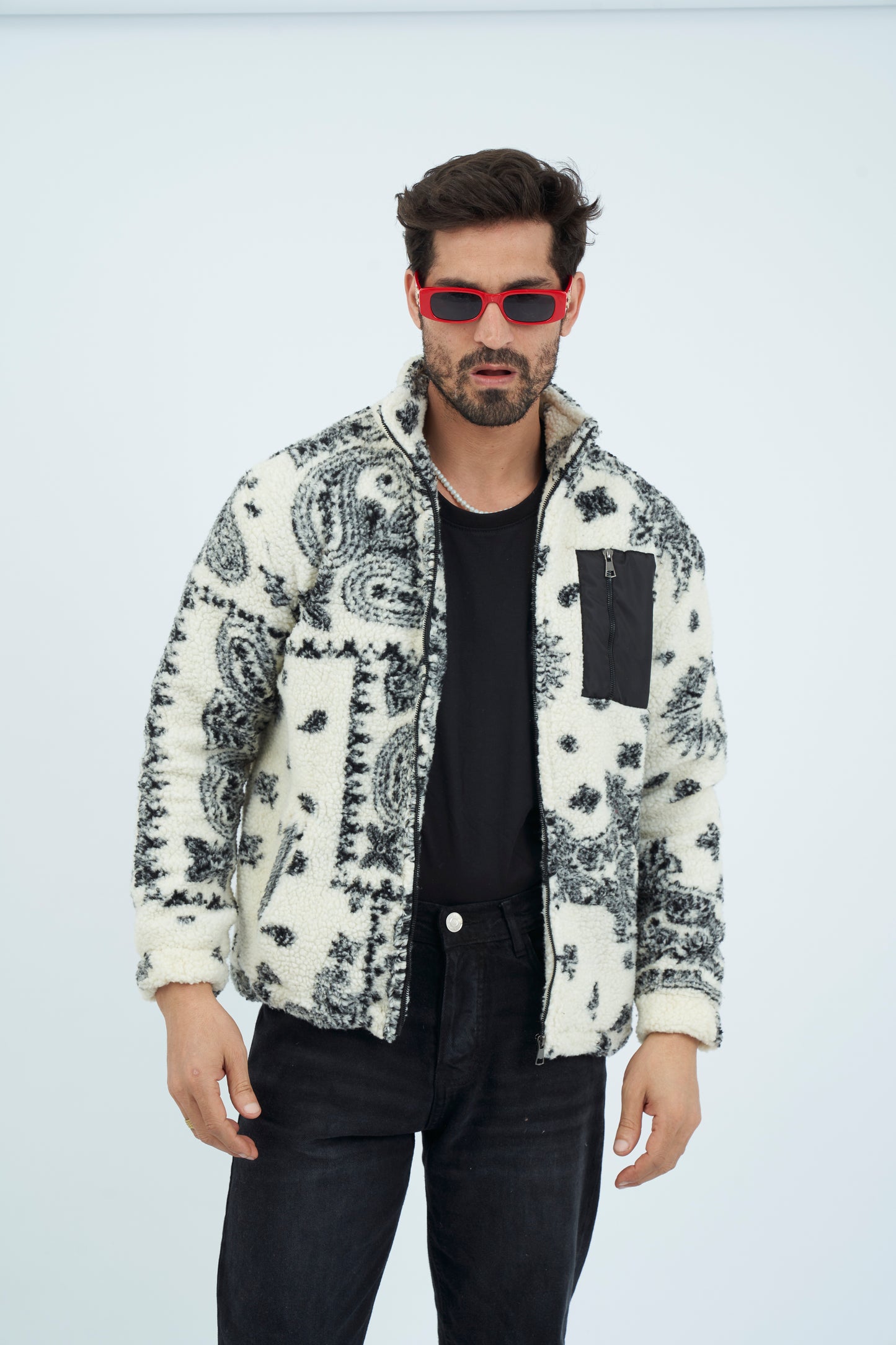 Aztec Men Fur Jacket With Pocket - White