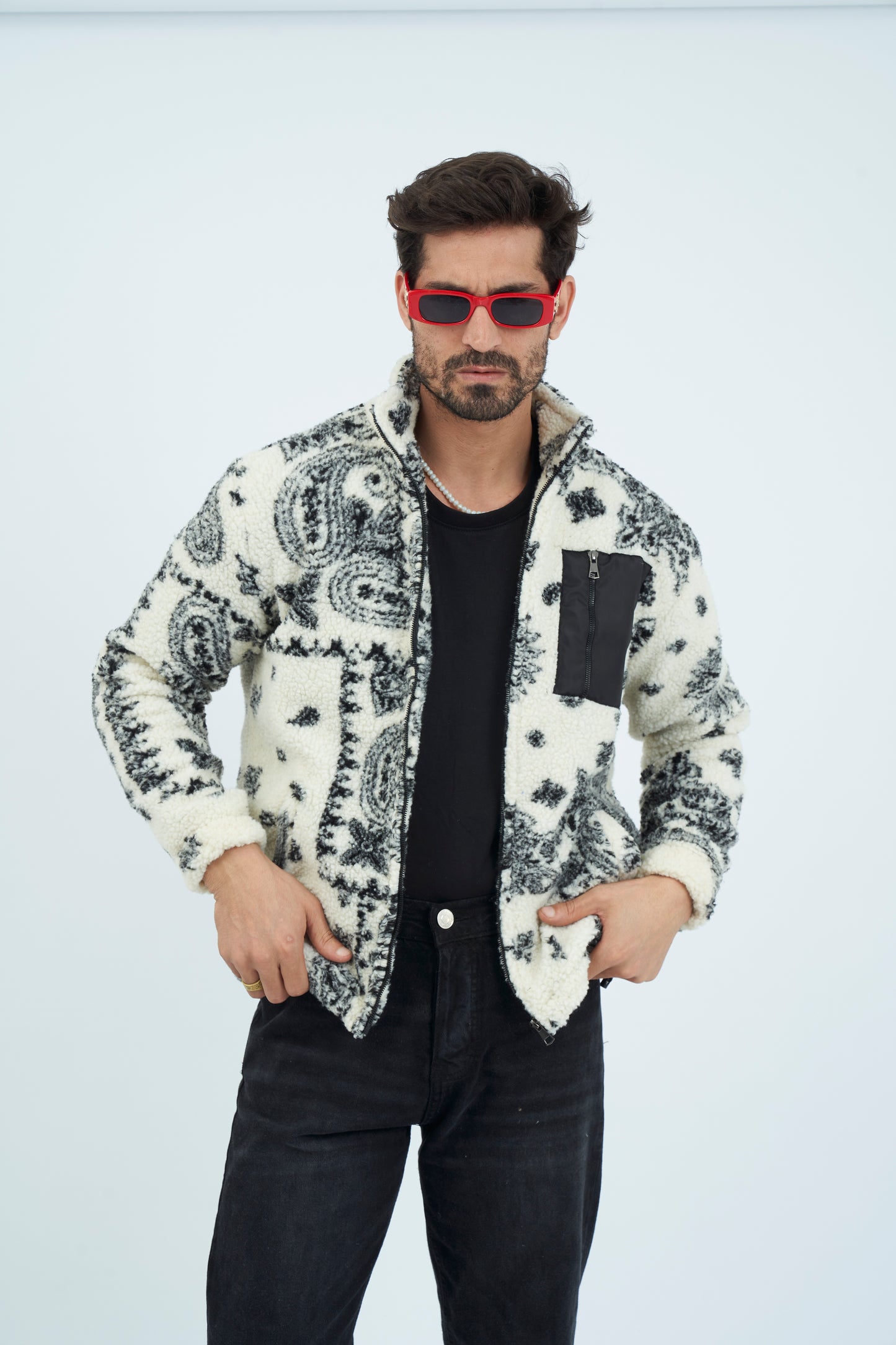 Aztec Men Fur Jacket With Pocket - White