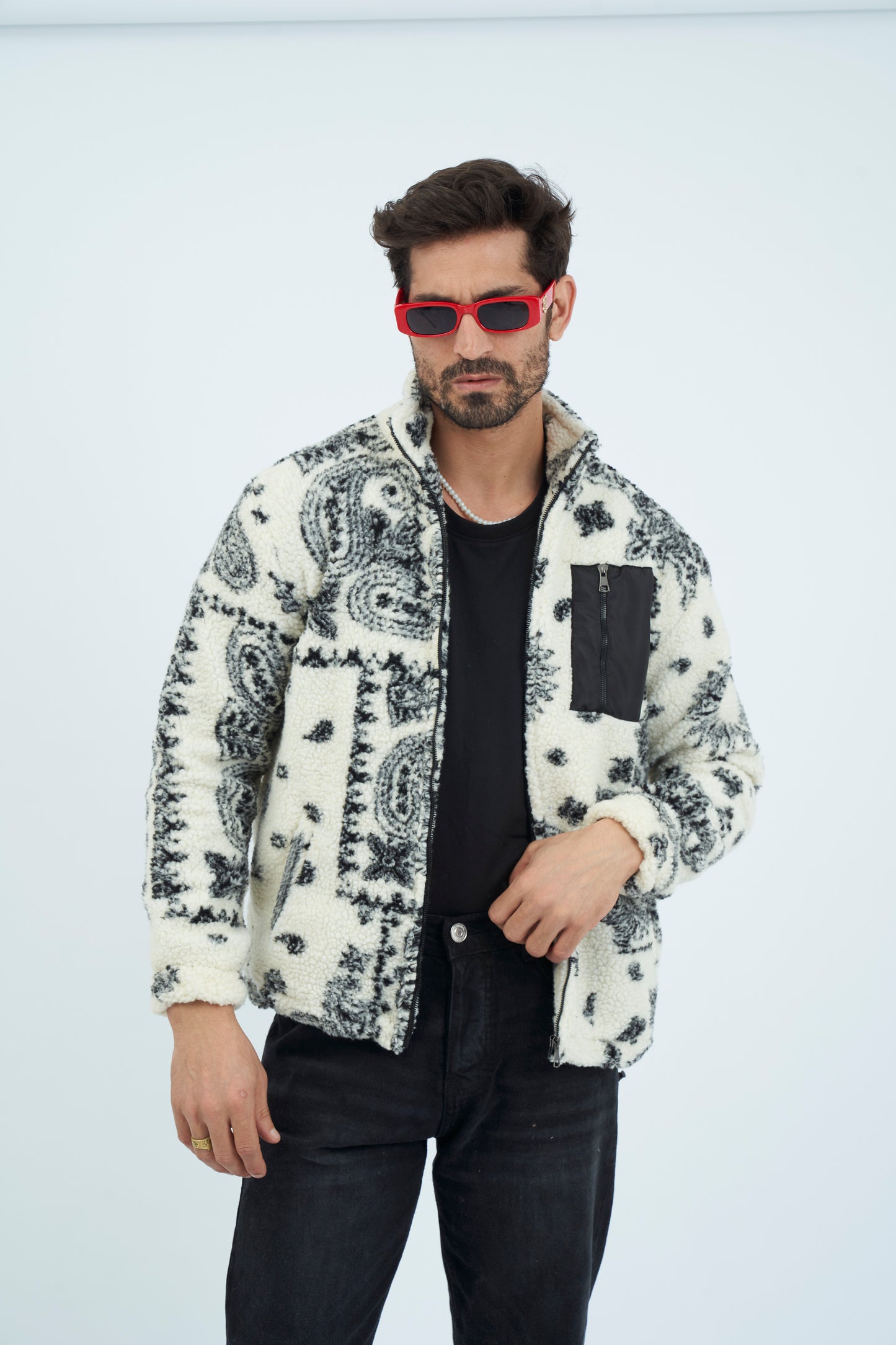 Aztec Men Fur Jacket With Pocket - White