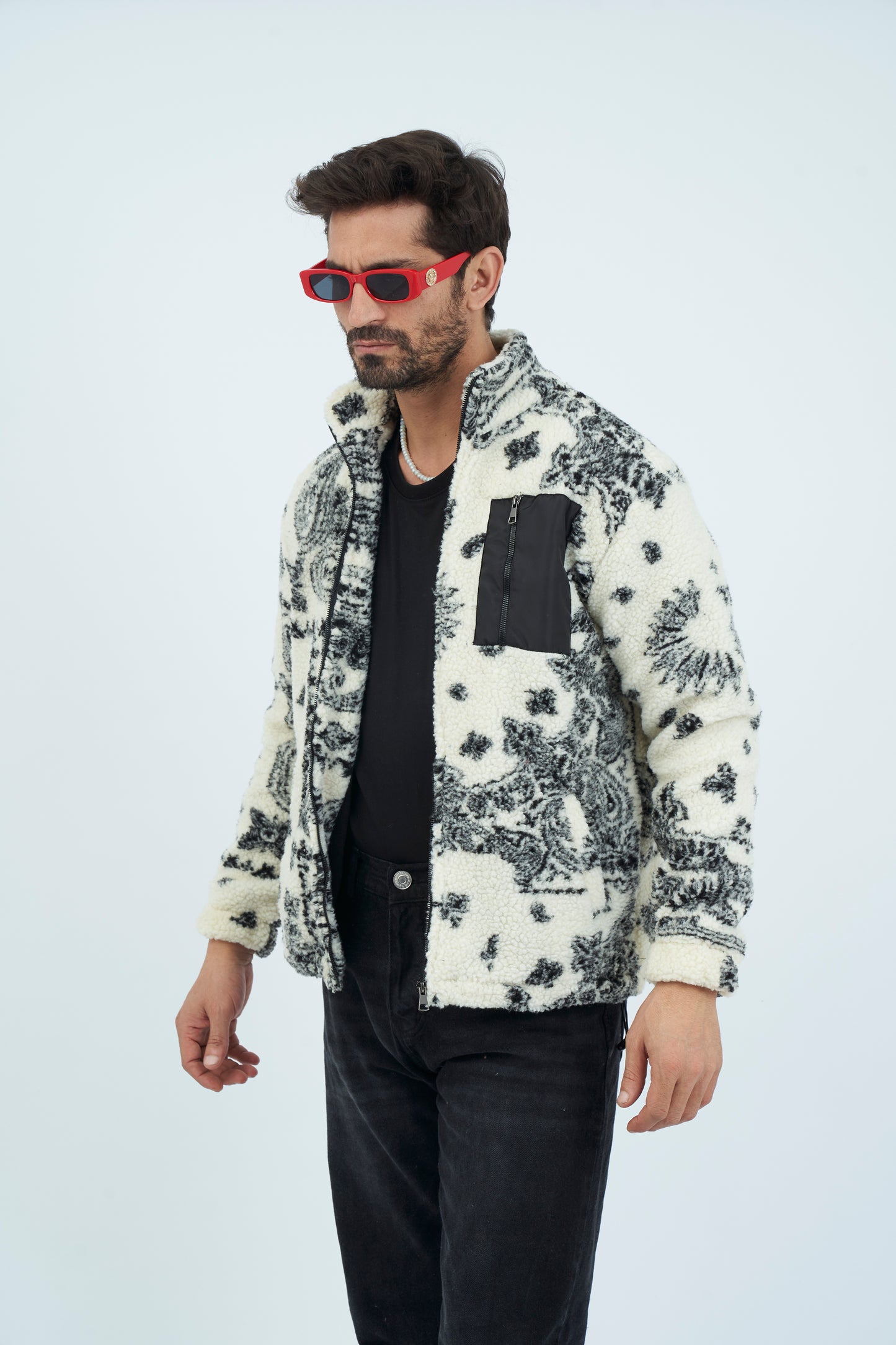 Aztec Men Fur Jacket With Pocket - White