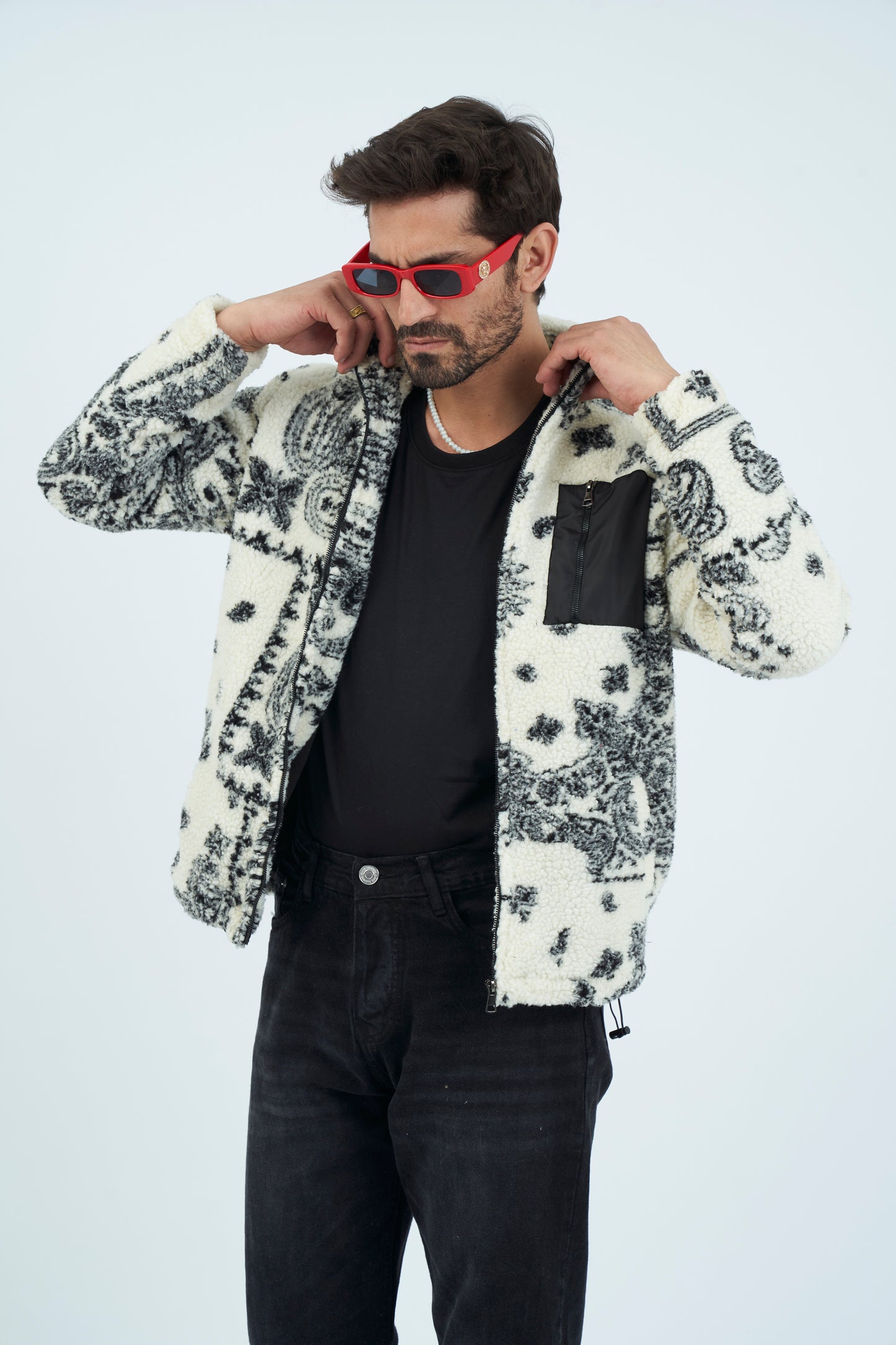 Aztec Men Fur Jacket With Pocket - White