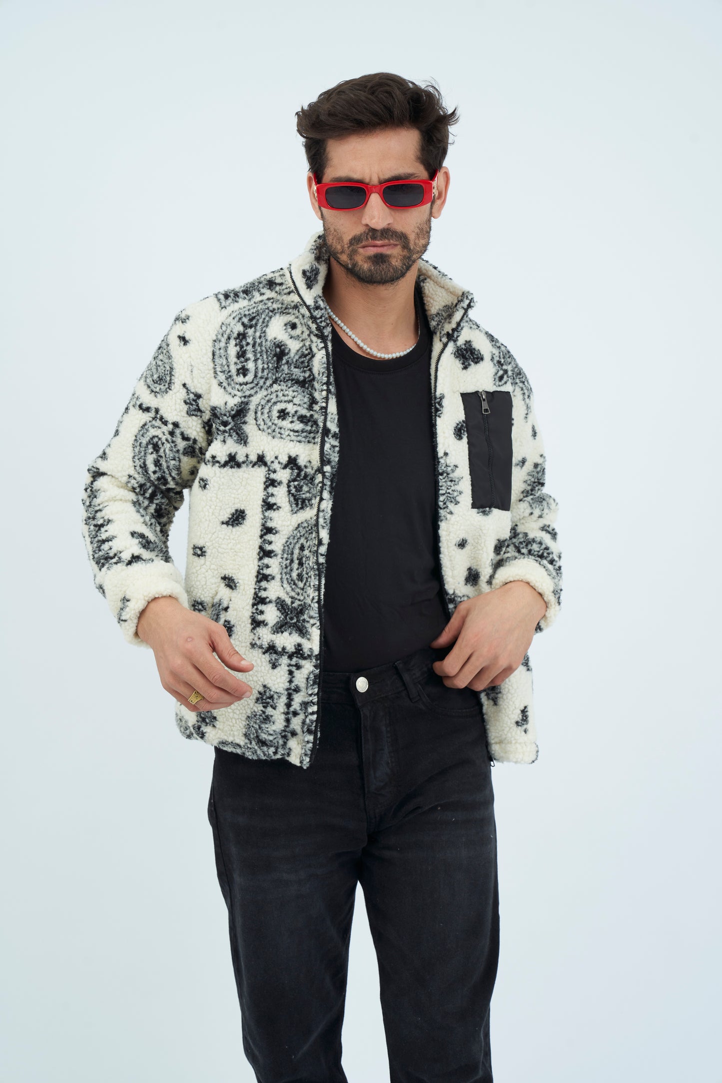 Aztec Men Fur Jacket With Pocket - White