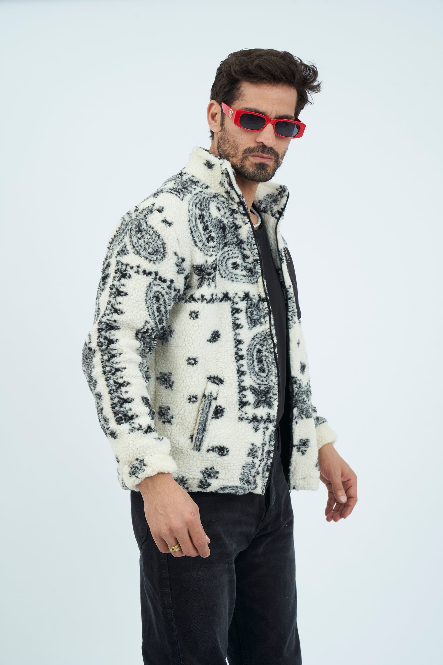 Aztec Men Fur Jacket With Pocket - White