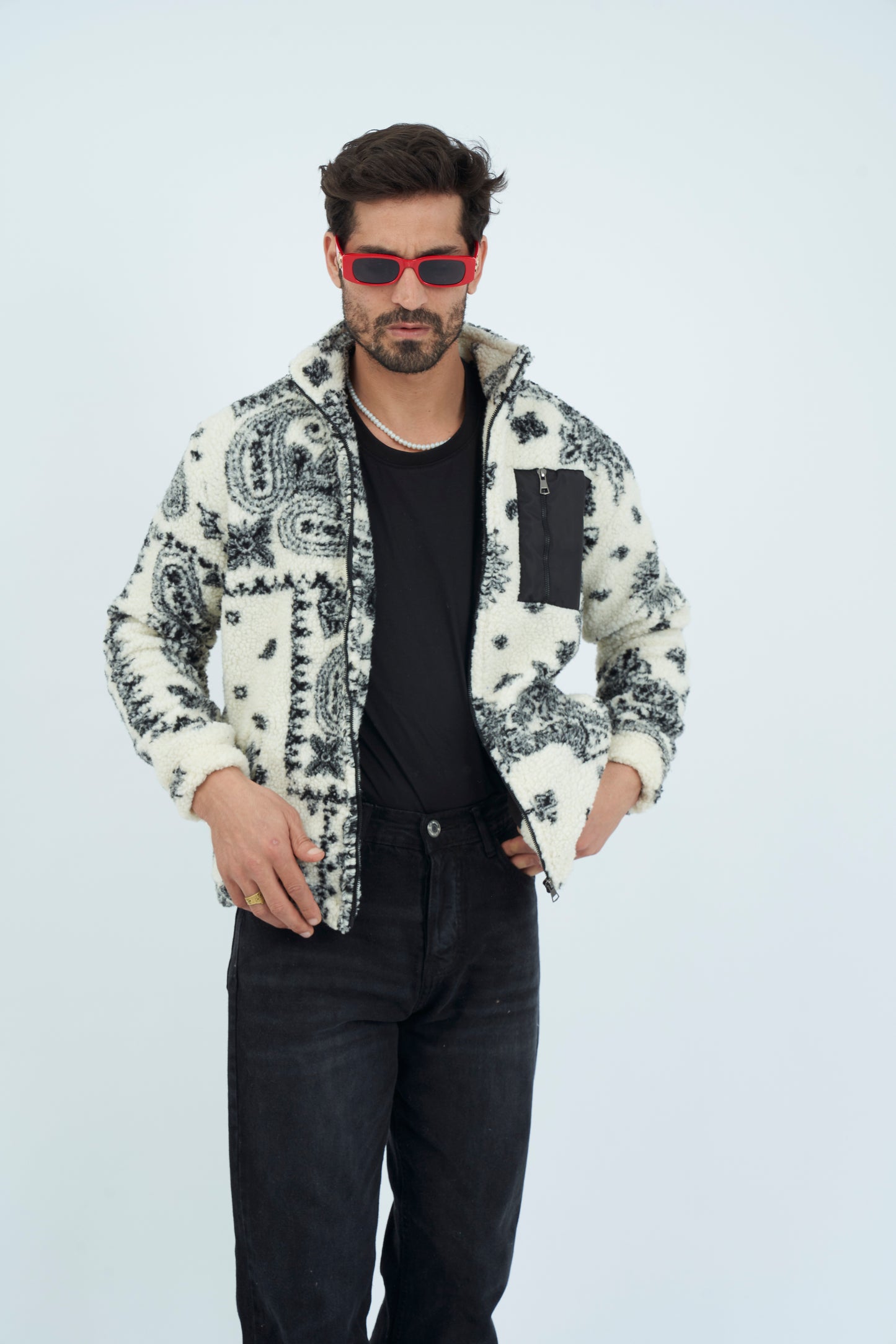 Aztec Men Fur Jacket With Pocket - White