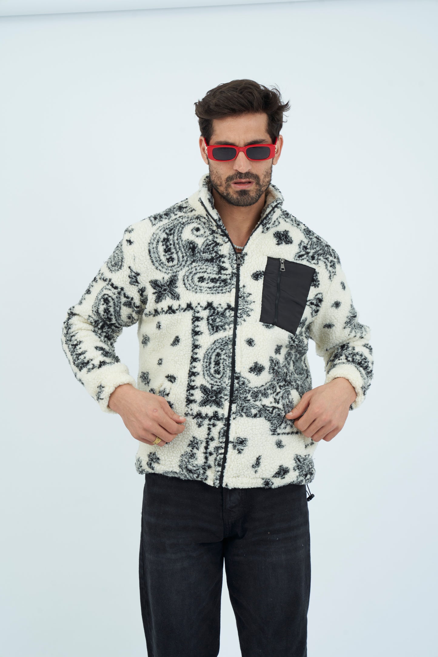 Aztec Men Fur Jacket With Pocket - White