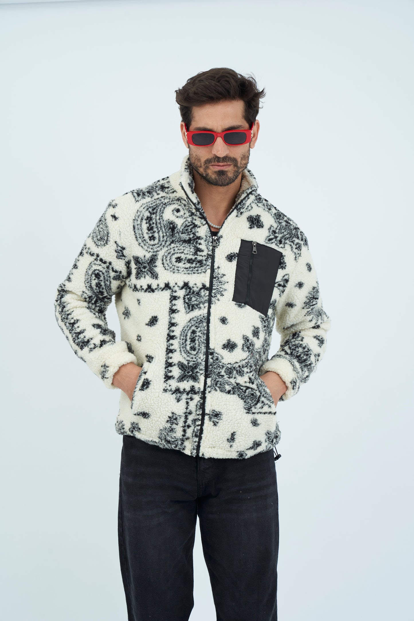 Aztec Men Fur Jacket With Pocket - White