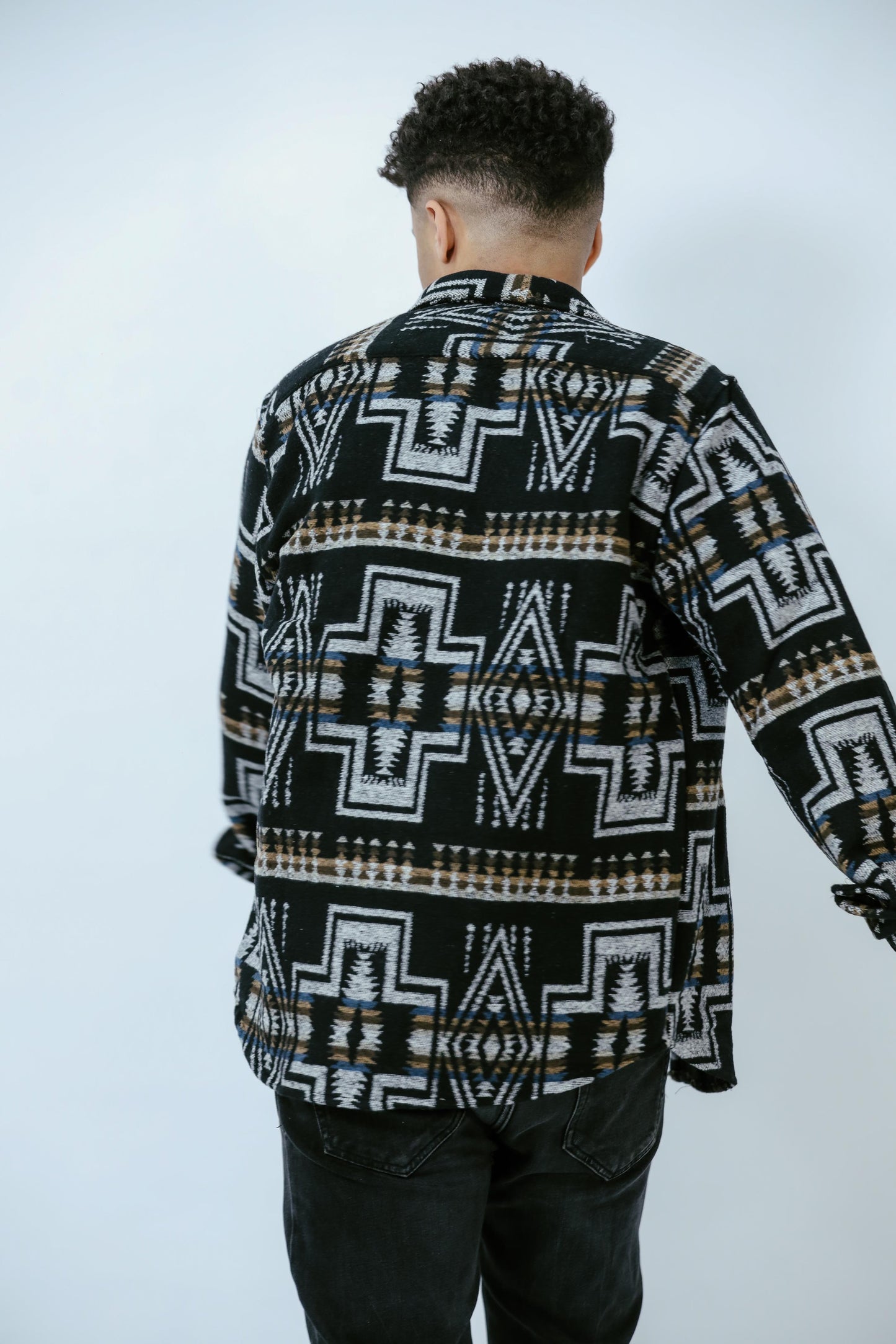 Black Geometric jacquard Men Wool Shirt