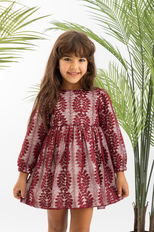 Lace Longsleeve Girls Dress-Maroon