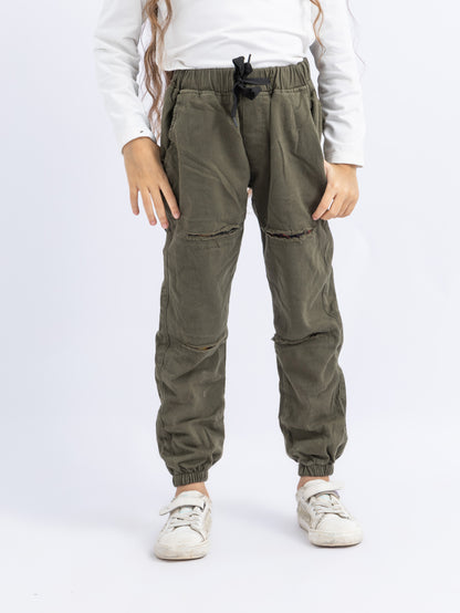 Dark Green Cargo Pants with Pockets and Cuts