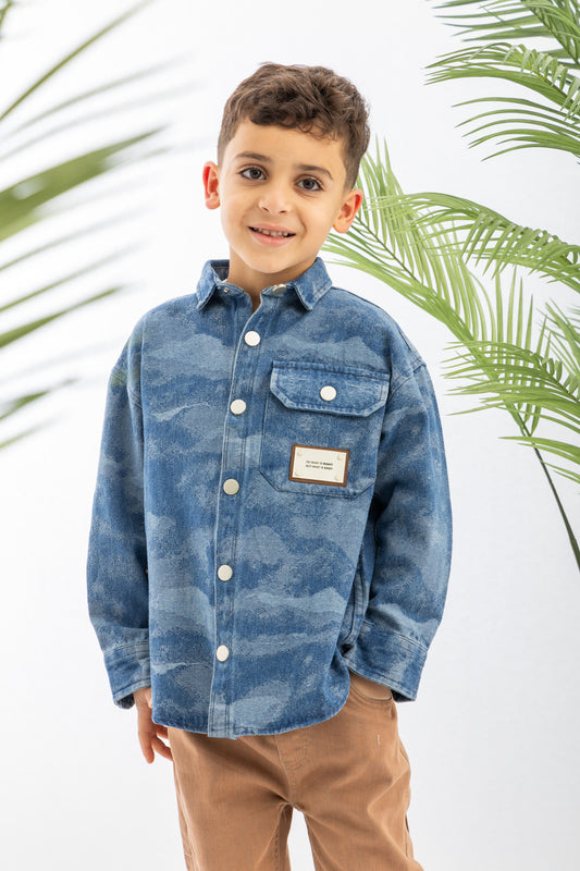 Blue Textured Denim Boys Shirt