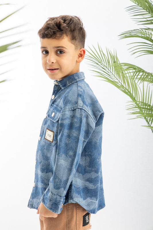 Blue Textured Denim Boys Shirt