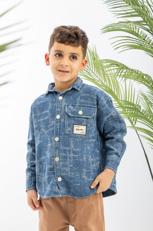 Blue Textured Graphic Denim Boys Shirt