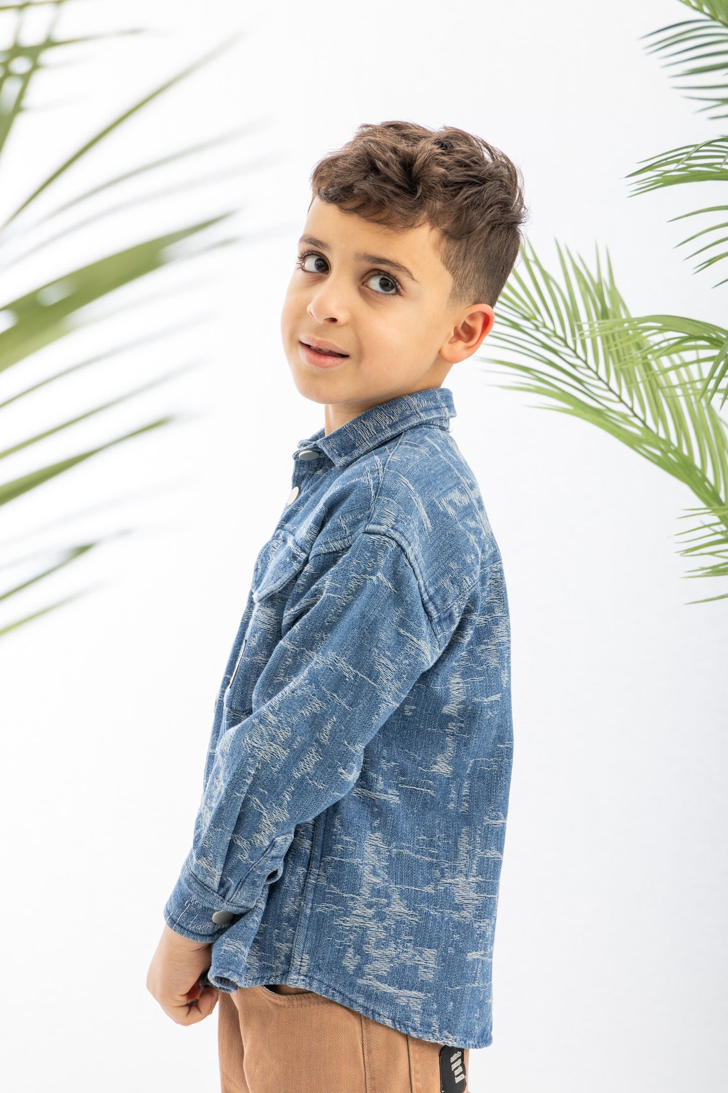 Blue Textured Graphic Denim Boys Shirt