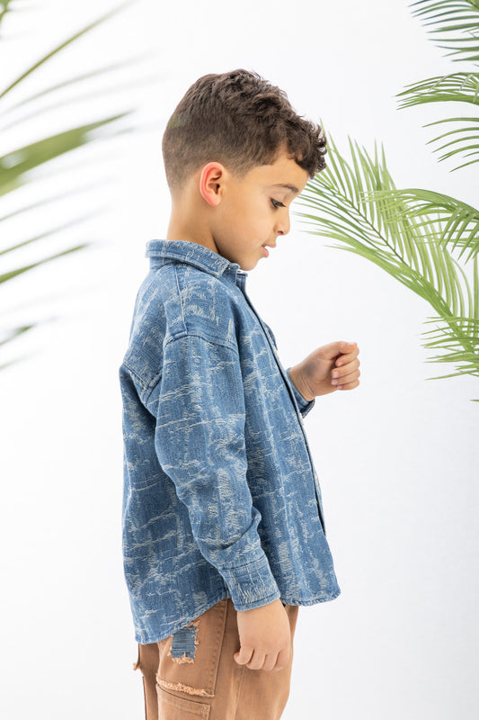 Blue Textured Graphic Denim Boys Shirt