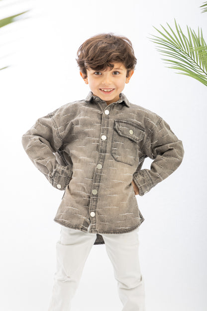 Grey Textured Denim Boys Shirt