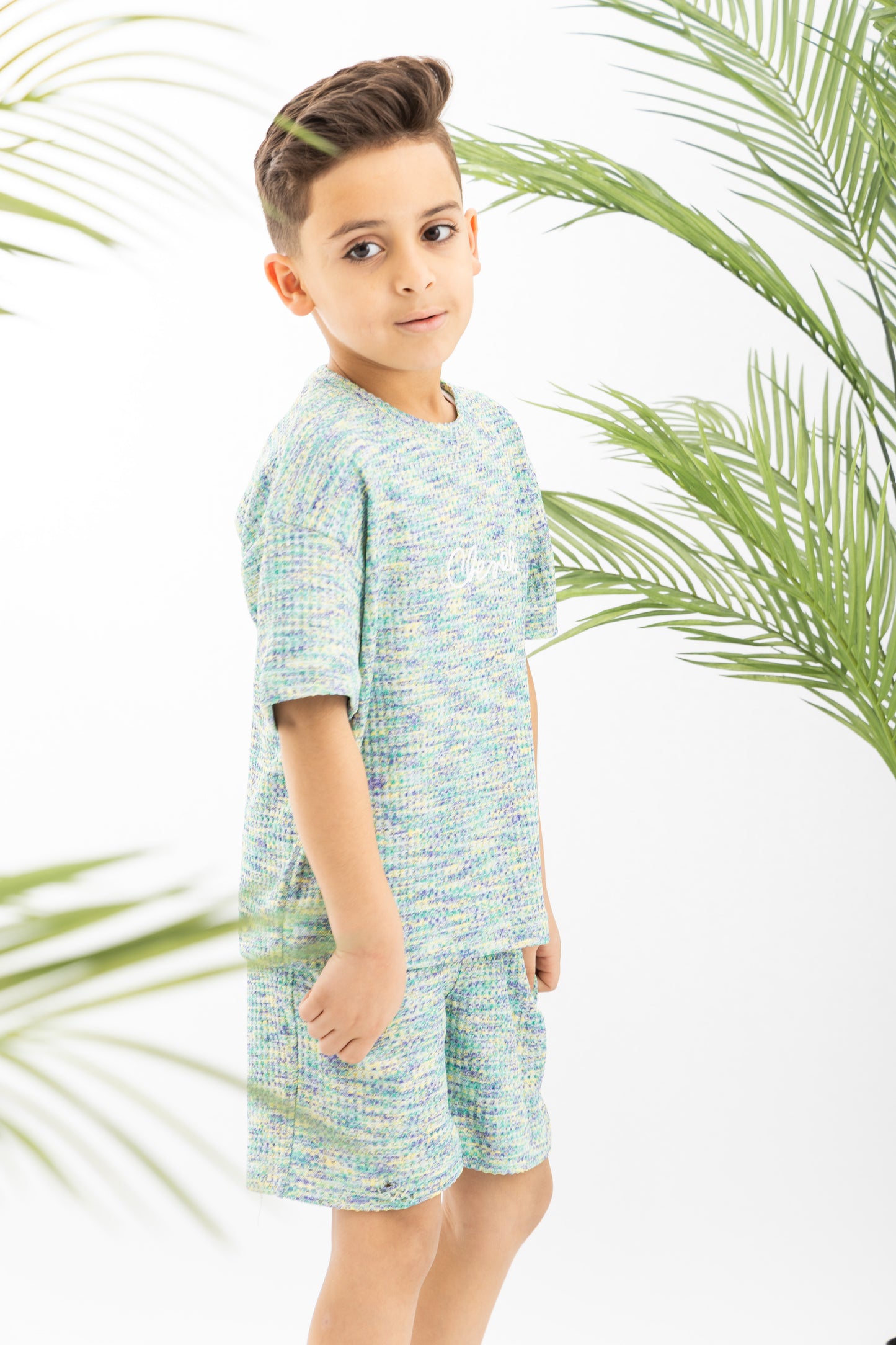 Green X Blue Textured Striped Boys Set