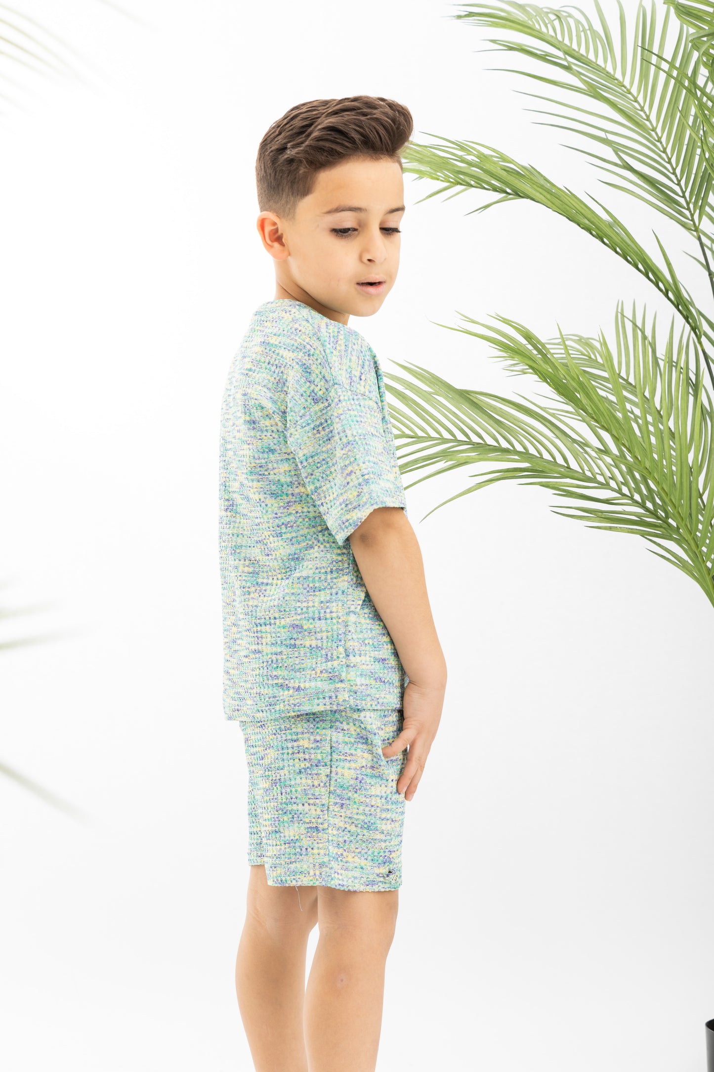 Green X Blue Textured Striped Boys Set