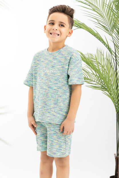 Green X Blue Textured Striped Boys Set