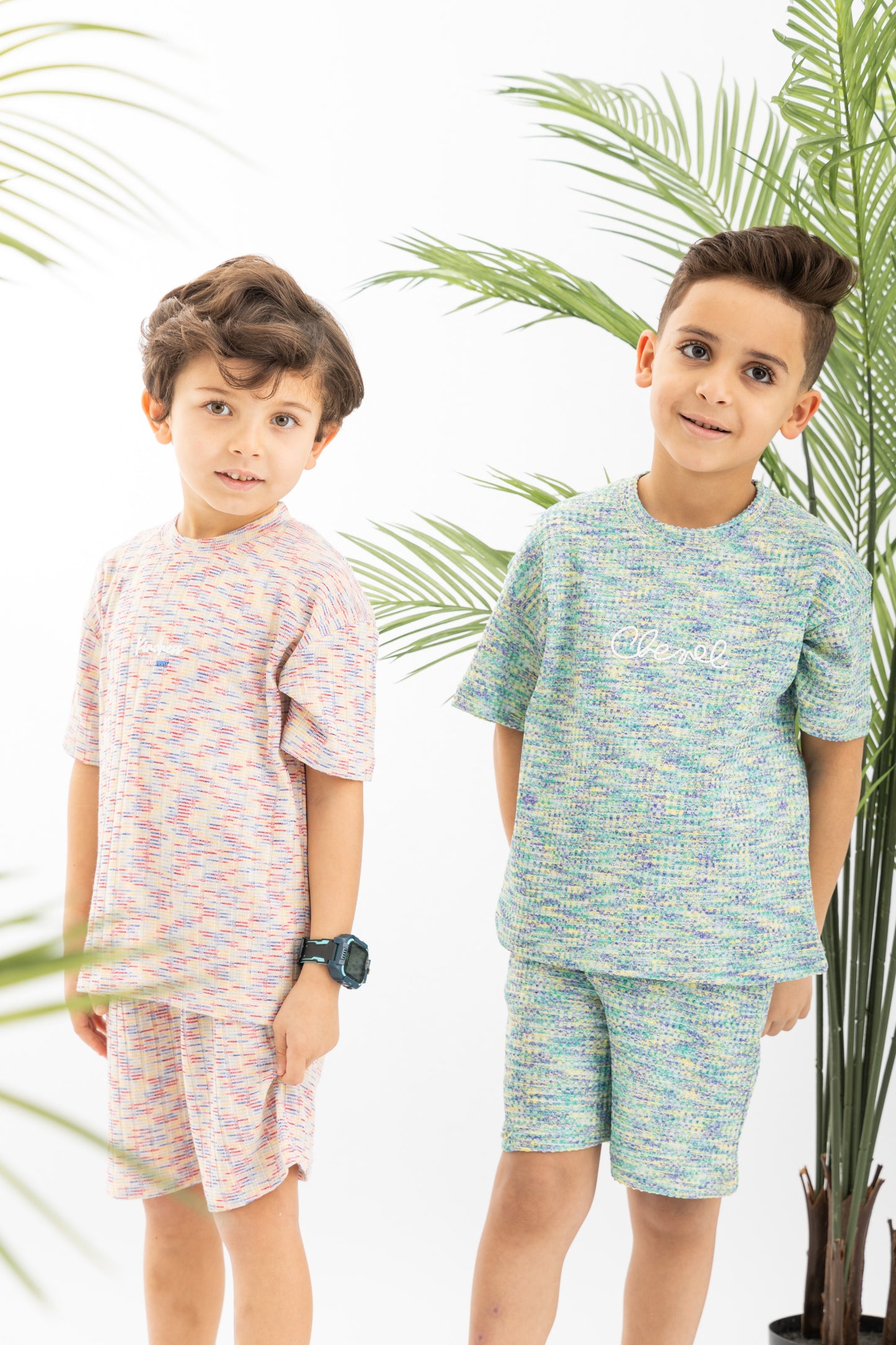 Green X Blue Textured Striped Boys Set