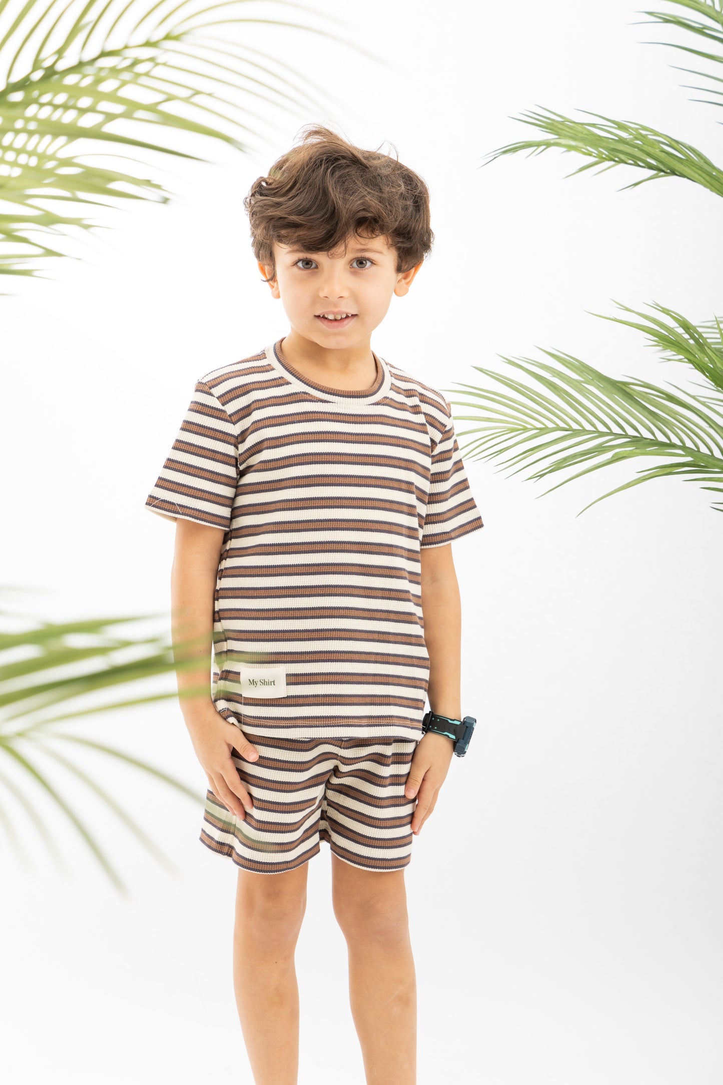 Brown Textured Striped Boys Set