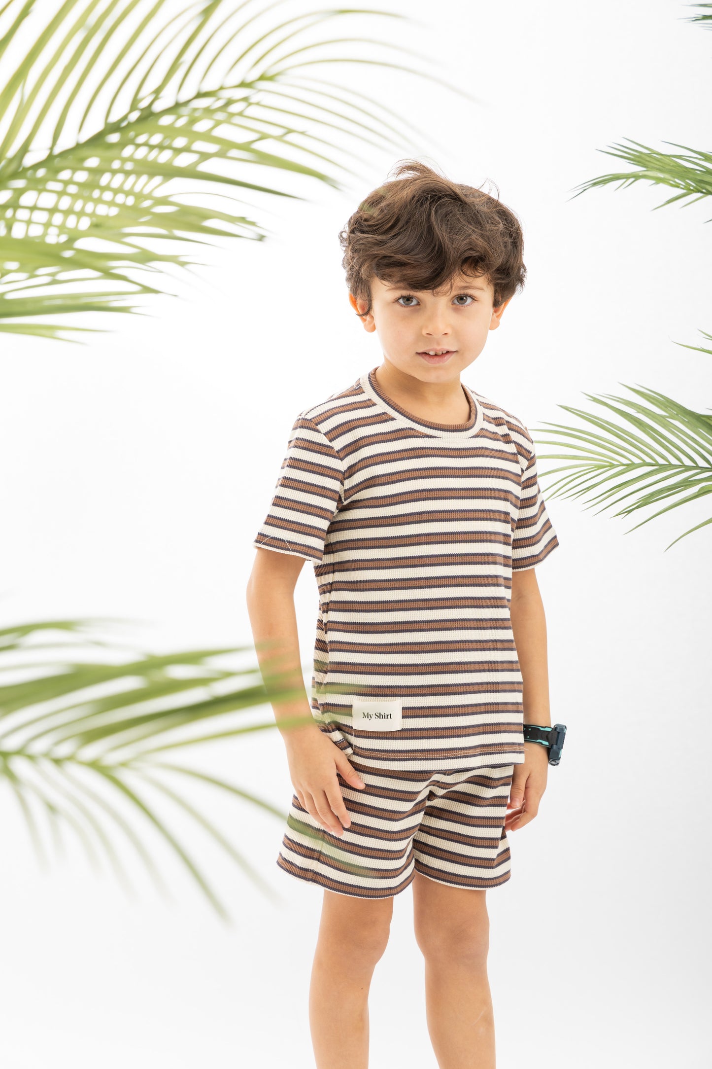 Brown Textured Striped Boys Set