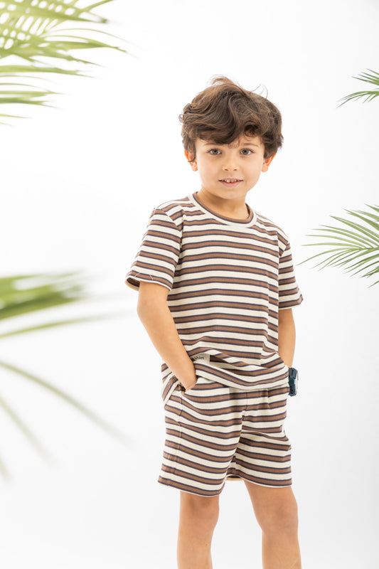 Brown Textured Striped Boys Set