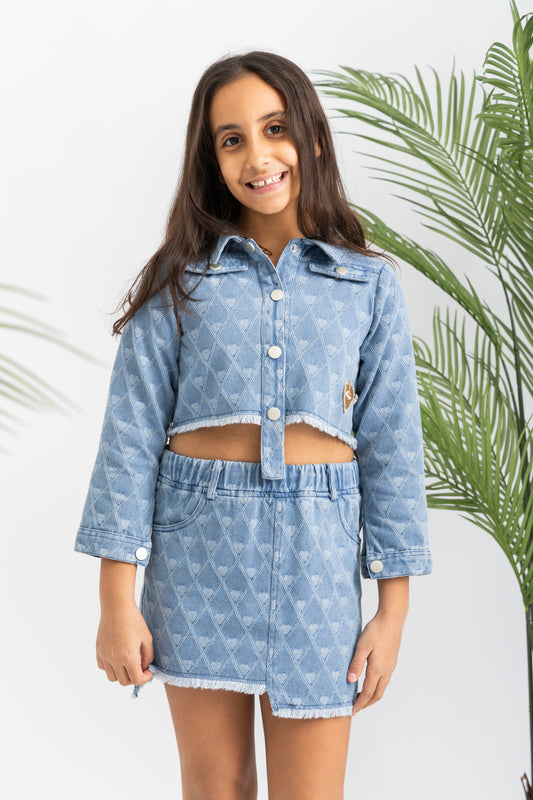 Textured Girls Denim Set With Skirt-Hearts