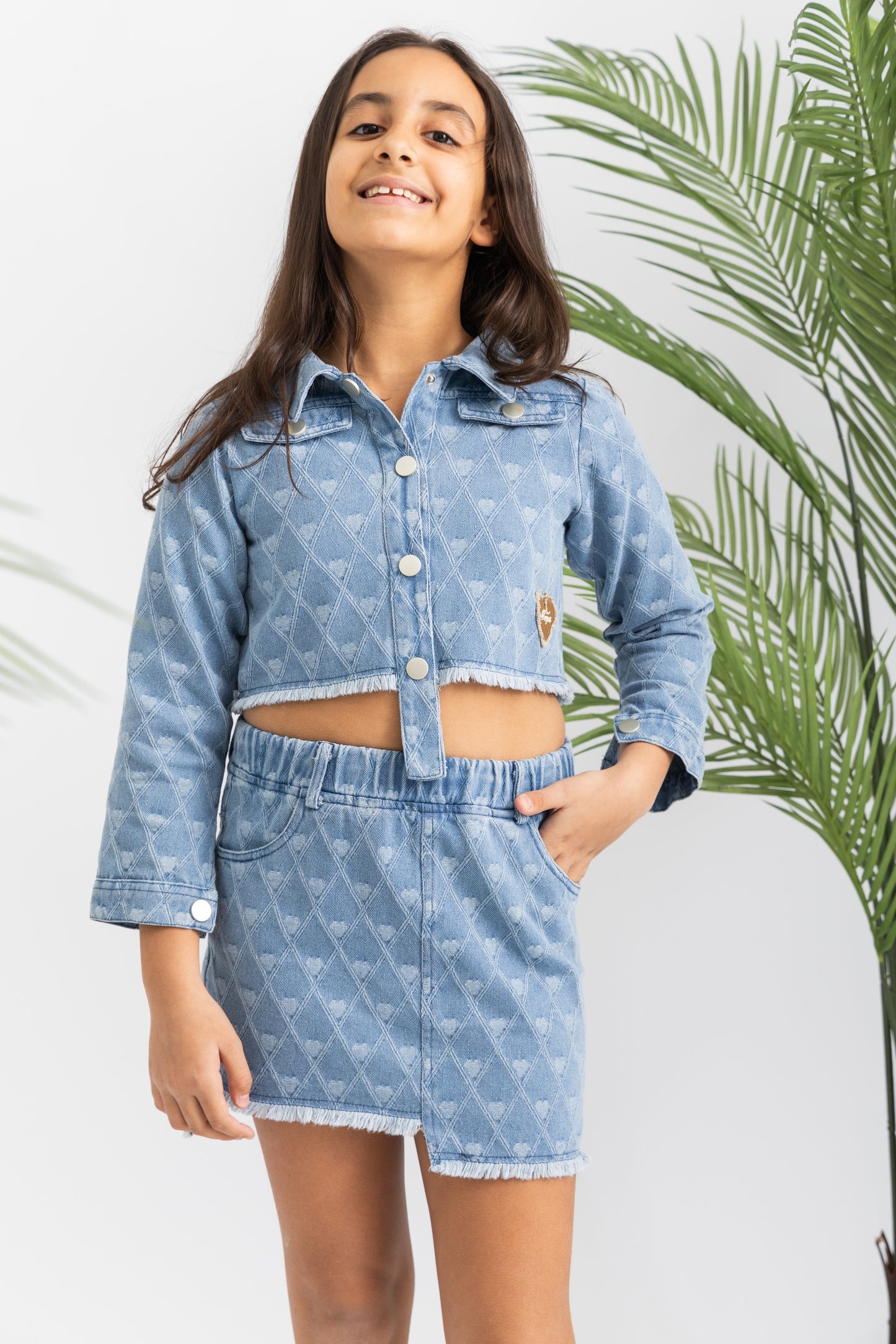 Textured Denim Girls Set -Hearts