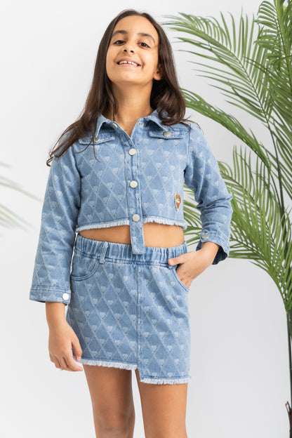 Textured Denim Girls Set -Hearts