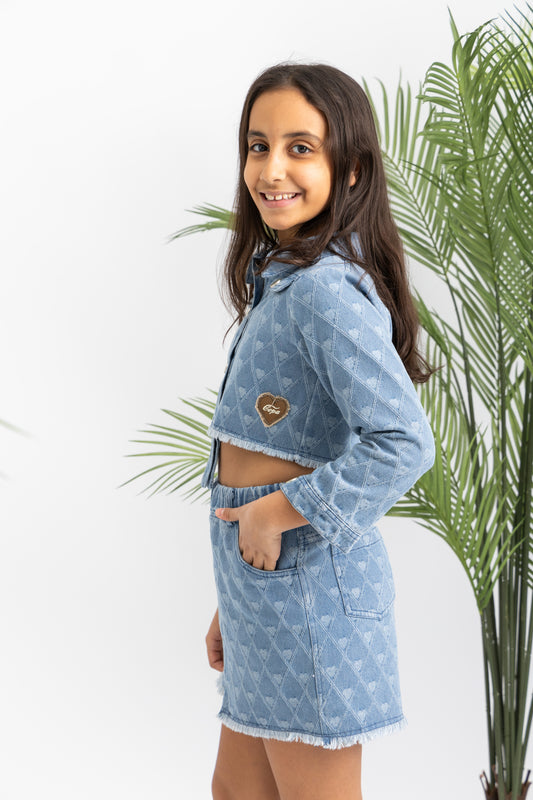 Textured Girls Denim Set With Skirt-Hearts