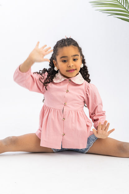 Pink Girls Blouse With Lace Collar