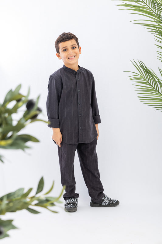 Dark Navy Striped Boys Linen Set