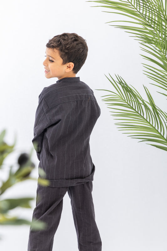 Dark Navy Striped Boys Linen Set