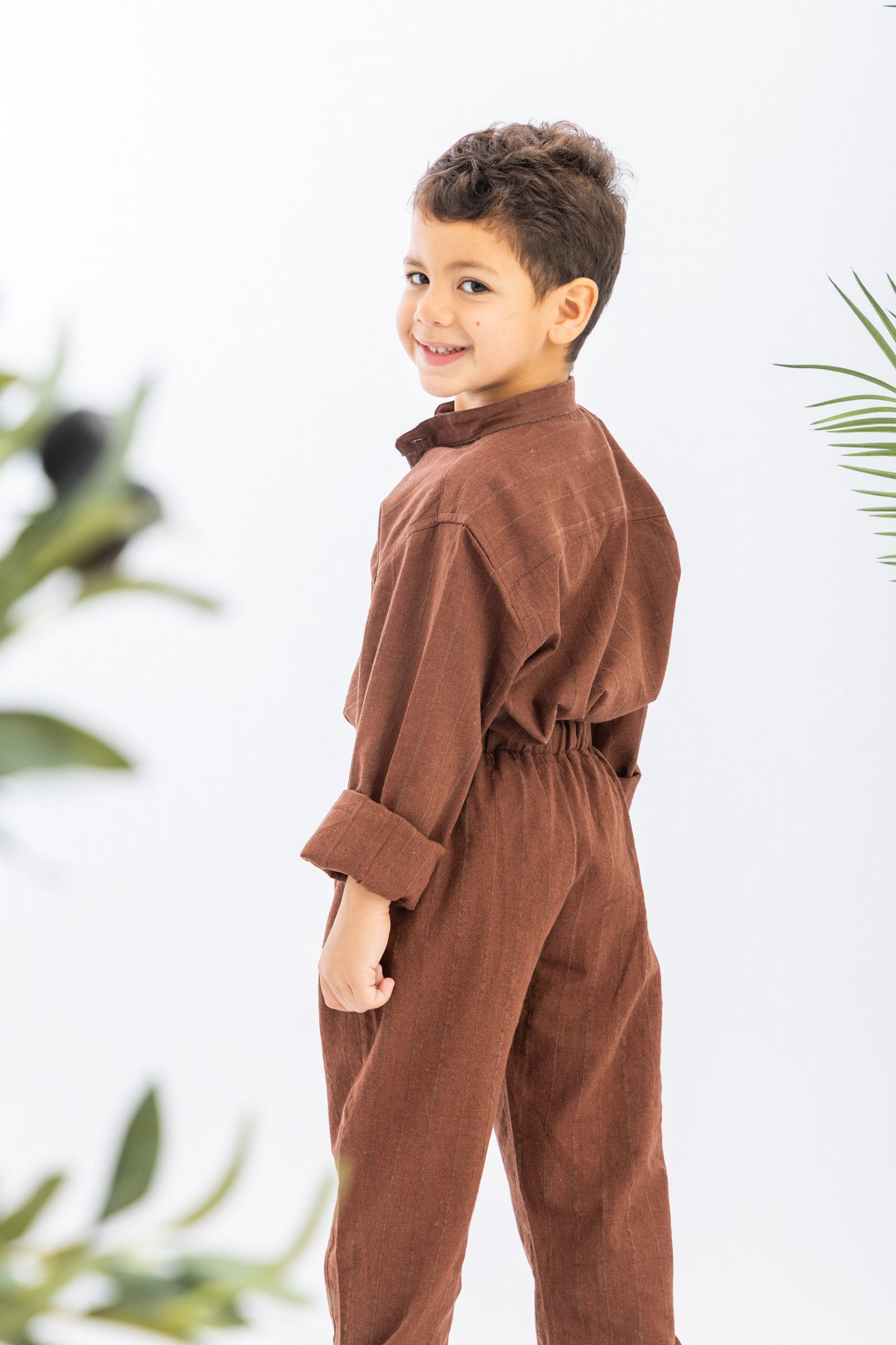 Brown Striped Boys Linen Set