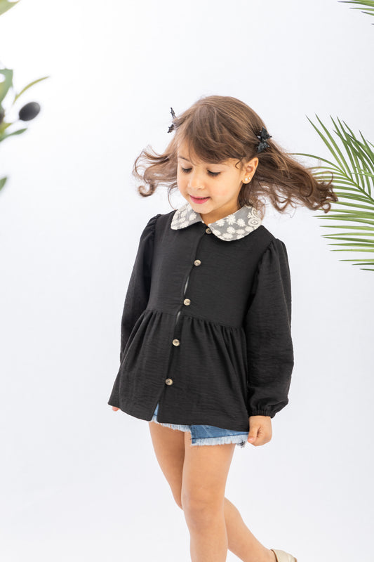 Black Girls Blouse With Lace Collar