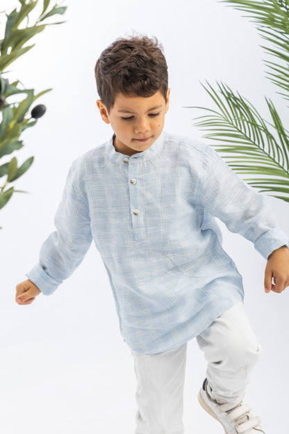 100% LINEN SHIRT(Boys) WITH STAND COLLAR-Baby Blue